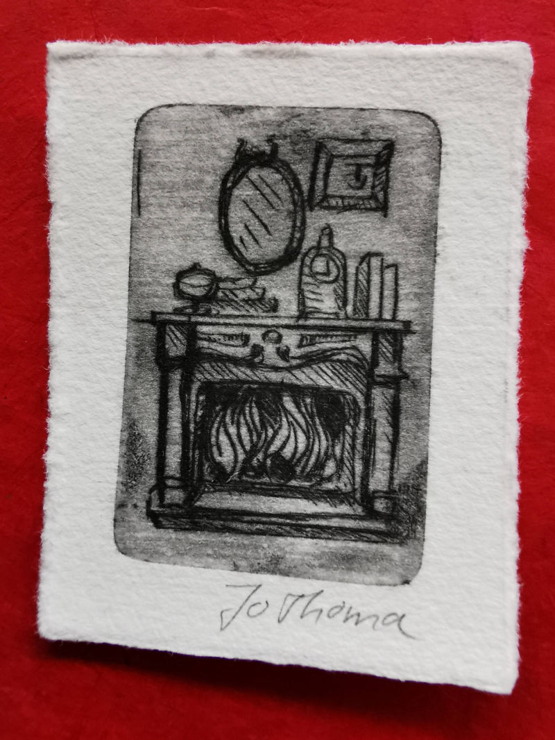 Radierung von Jo Thoma (Kaminszene)
